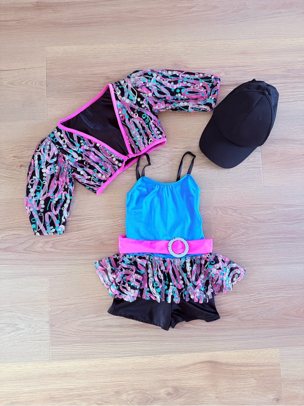 Kids Sequin Dance Outfit w/ Bright Blue & Pink Leotard, Jacket/Hat -Child M